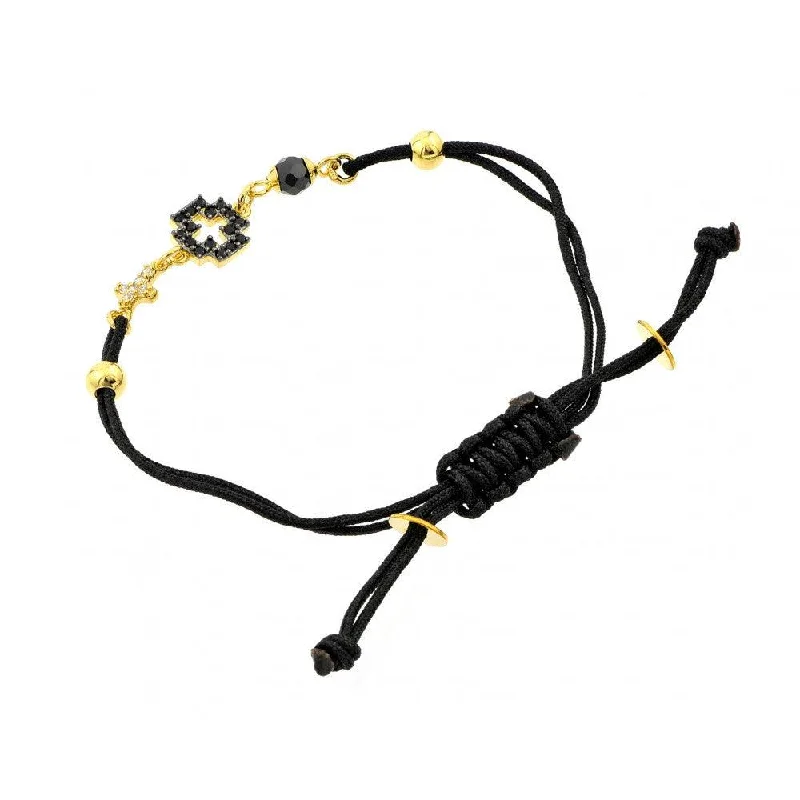 Gold and Silver Bracelet-Silver 925 Gold Plated Charm CZ Black Cord Bracelet - BGB00192