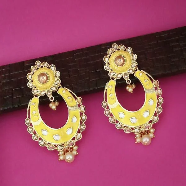 Statement Earrings for Casual Wear-Kriaa Yellow Meenakari Kundan Gold Plated Dangler Earrings - 1316327C